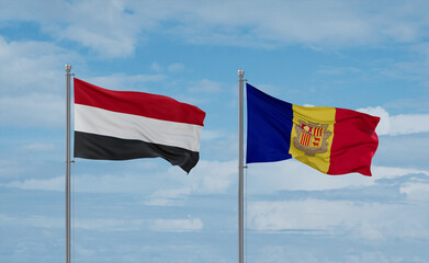 Yemen and Andorra national flags, country relationship concept