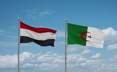 Yemen and Algeria national flags, country relationship concept