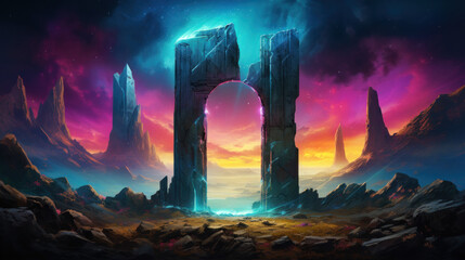 Magic Stone Gate With Neon Glowing Light Amidst Cosmic Landscape, Abstract Futuristic Neon Portal With Spectrum Light Effect. Celestial Stone Portal Background. Generative AI