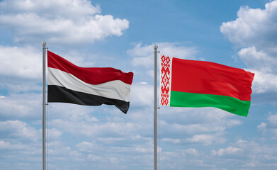 Belarus and Yemen flags, country relationship concept