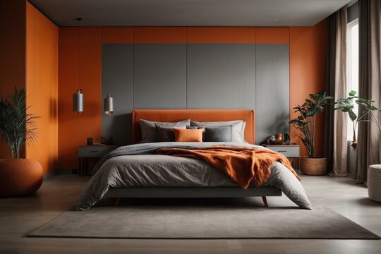 A spacious modern  bedroom in grey and orange tones