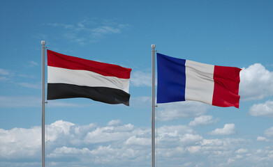 Yemen and France flags, country relationship concept