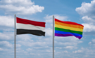 Gay Pride and Yemen flags, country relationship concept