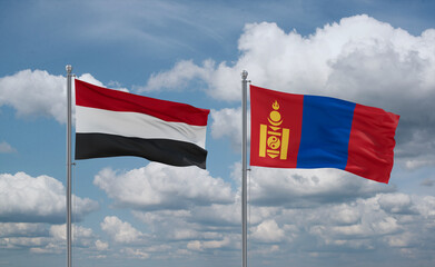 Mongolia and Yemen flags, country relationship concept