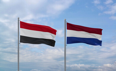 Netherlands and Yemen flags, country relationship concept