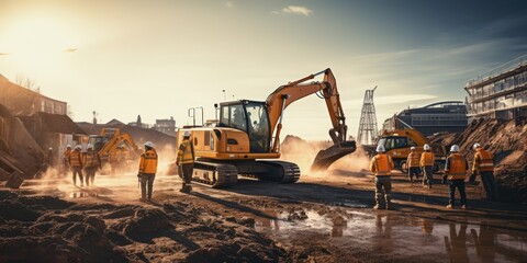 Construction site: team of workers against the backdrop of large construction vehicles. Bulldozers and excavators. Process of preparing the foundation of a building. - obrazy, fototapety, plakaty