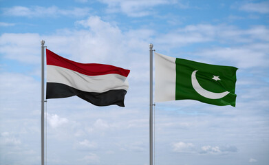 Pakistan and Yemen flags, country relationship concept