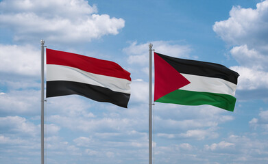 Palestine and Yemen flags, country relationship concept