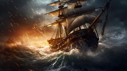 Nautical Nightmare: Ship Battling Through Storm - obrazy, fototapety, plakaty