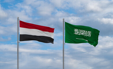 Yemen and Saudi Arabia flags, country relationship concepts