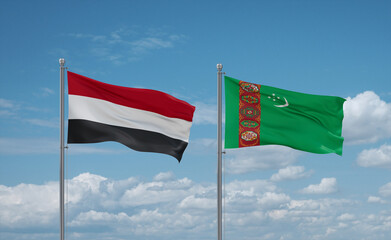 Turkmenistan and Yemen flags, country relationship concept