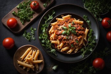 Penne pasta with tomato sauce meat and pea sprouts on a dark table top view 