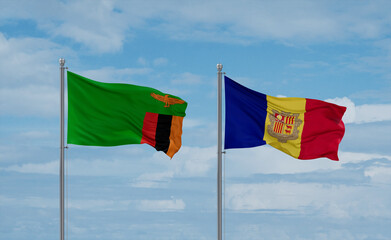 Zambia and Andorra national flags, country relationship concept