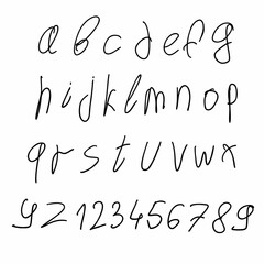 Scribble childlike lowercase black english alphabet abc latin font A to Z and digits 0 to 9 set. Vector illustration in doodle hand written style isolated on white background. For logo, card, design.