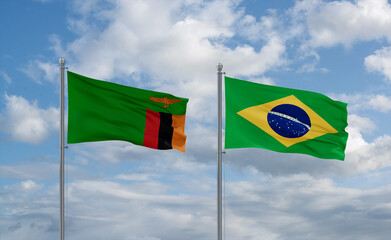 Zambia and Brazil flags, country relationship concept