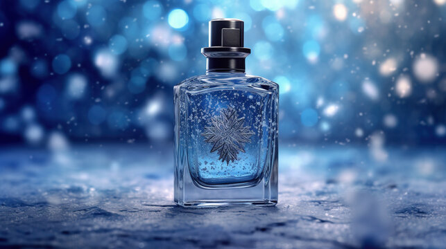 close up of perfume bottle with snowflake decor on blue bokeh background, holiday advertising