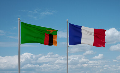 Zambia and France flags, country relationship concept