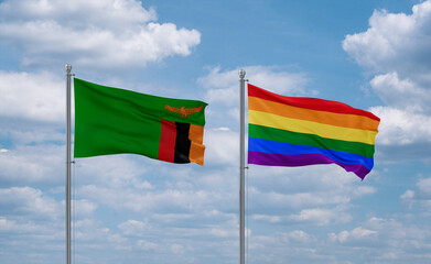 Gay Pride and Zambia flags, country relationship concept