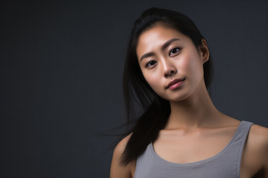 Beautiful asian woman with clean fresh skin, isolated on grey.