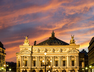 Opera Garnier (Garnier Palace)  against the background of a beautiful sky at sunset, Paris, France. Translation: national Academy of Music. UNESCO World Heritage Site