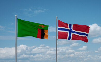 Norway and Zambia flags, country relationship concept
