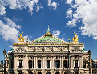 Opera Garnier (Garnier Palace)  against the background of a beautiful sky with clouds, Paris, France. Translation: national Academy of Music. UNESCO World Heritage Site