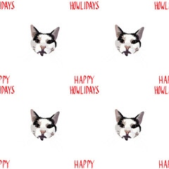 Christmas seamless pattern with cats. Repeatable winter background. "Happy Howlidays" text, Dog Christmas Card for dog lovers. Abstract texture with cat head Drawing. Cartoon style. Popular character.