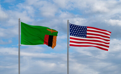 USA and Zambia flags, country relationship concepts