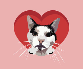 Cat with paws in a heart, Valentine's Day postcard. Big red heart with pet head looking out from a heart, holiday present. Cartoon square background dog breed art. St Valentine's day card. Cute cat. 