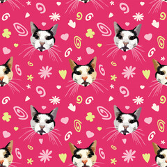 Summer pattern with spirals, leaf, flowers and cat heads. Bright pink colors. Elegant, seamless background, abstract pattern with hand-drawn colorful shapes and kittens with whiskers. Childish style.