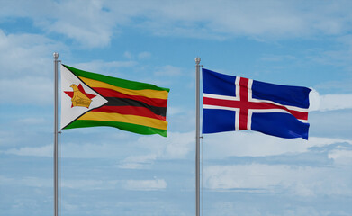 Iceland and Zimbabwe flags, country relationship concept