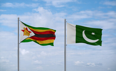 Pakistan and Zimbabwe flags, country relationship concept