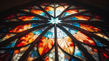 a church's grand stained glass window, radiating colorful light, with space for inspirational text. generative AI