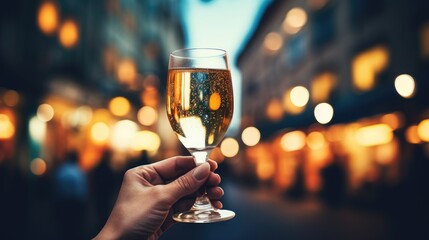 A glass with champagne or wine close-up on the blurred background of the urban area