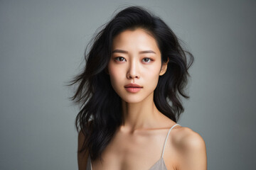 Portrait of beautiful asian woman with healthy skin, studio shot. - obrazy, fototapety, plakaty