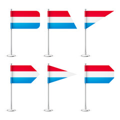 Luxembourgish table flags on a silver steel pole. Souvenir from Luxembourg. Desk flag made of paper or fabric, shiny metal stand. Mockup for promotion and advertising. Vector illustration