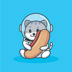 Vector illustration of cat astronaut holding a hot dog