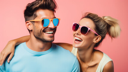 On a pink background, a young woman and a man wearing sunglasses smile at each other, symbolizing a happy and close partnership.