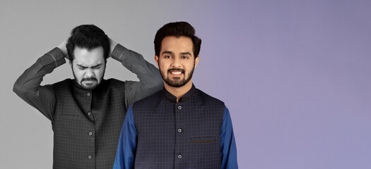 Smiling, sad, despaired millennial indian guy suffer from depression, stress, mistake