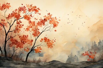 Obraz na płótnie Canvas Horizontal banner for website design, digital drawing of beautiful autumn landscape in painting 