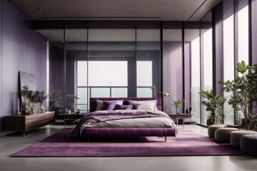A spacious bedroom in grey and purple tones with glass walls 