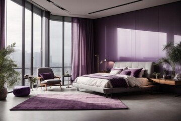 A spacious bedroom in grey and purple tones with glass walls 