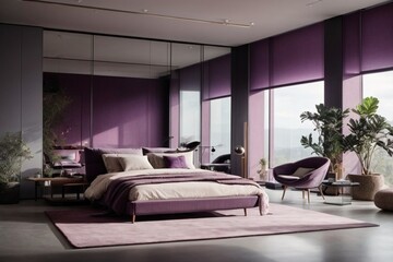 A spacious bedroom in grey and purple tones with glass walls 