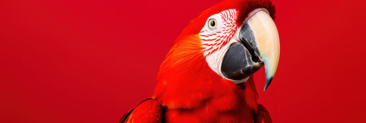 Beautiful macaw parrot bird on red background, wide horizontal panoramic banner with copy space, or web site header with empty area for text.