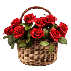Fototapeta na wymiar Beautiful red rose flowers in a small wicker basket isolated on transparent background, png clip art, design element.