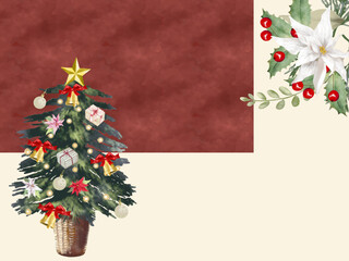 クリスマスツリーとヒイラギとポインセチアの花の装飾のあるシックなクリスマスカード　背景色に使用している赤い水彩のテクスチャはスウォッチに