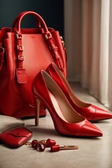 a fashionable set of handbag highheeled shoes glasses lips a pair of beautiful red women's shoes 