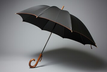 classic black umbrella with a stylish wooden handle on a minimalist gray background