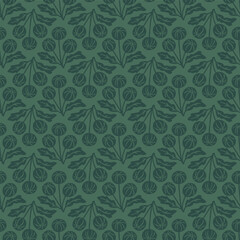 Seamless vector pattern with dark green chrysanthemum buds and leaves alternating on a sage background. Elegant modern botanical perfect for fabric, wallpaper, stationery, paper goods.