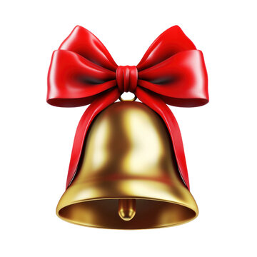 Beautiful shiny Christmas bell with red silk bow isolated on transparent background, png decorative clip art element. Festive object.